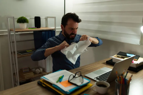 Overworked Angry Man Destroying Work Papers While Working Late His — Foto de Stock
