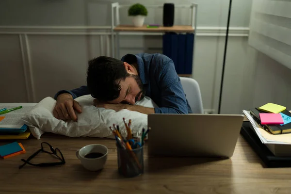 Workaholic Sleepy Man Bringing Pillow Office Work Night Finish Deadline — Photo