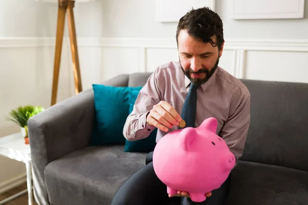 Rich Man Financial Security Stability Putting Money Piggy Bank His — Stock Photo, Image