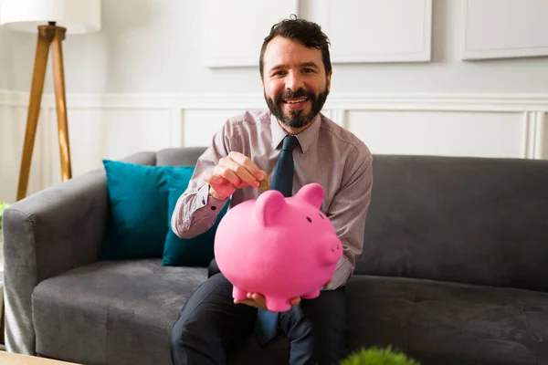 Financial Freedom Concept Handsome Wealthy Man Lot Money Using Piggy — Stock Photo, Image
