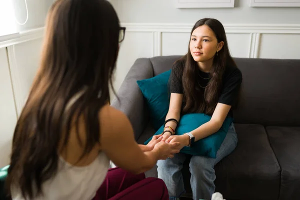 Rear View Loving Therapist Holding Hands Teen Patient Depression Saying — Stock Photo, Image