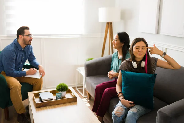 Annoyed Teenage Girl Putting Finger Her Head Feeling Angry Family — Stock Photo, Image