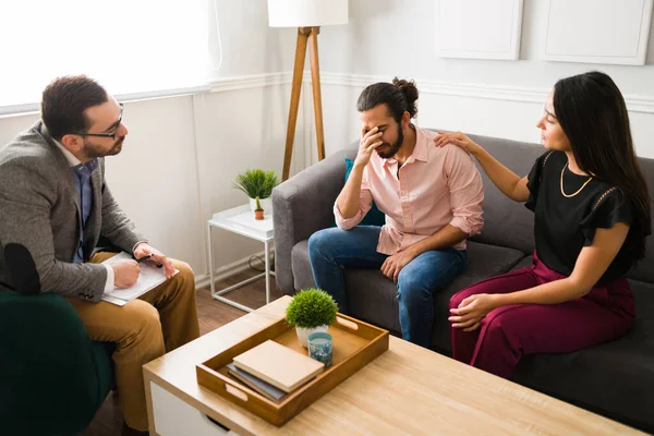 Depressed Man Crying While Talking Psychologist Marriage Problems Couples Therapy — Stock Photo, Image