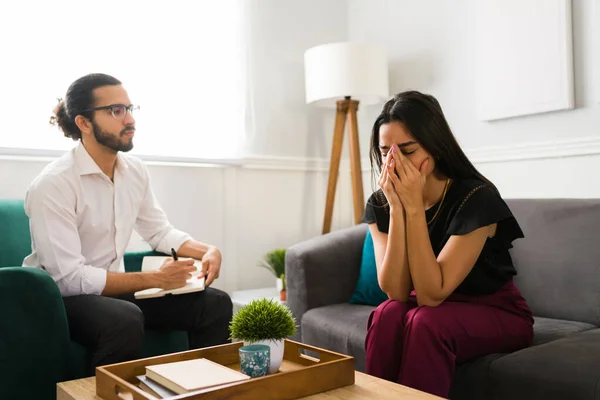 Depressed Woman Dealing Grief Crying Male Psychologist Patient Depression Taking — Stock Photo, Image