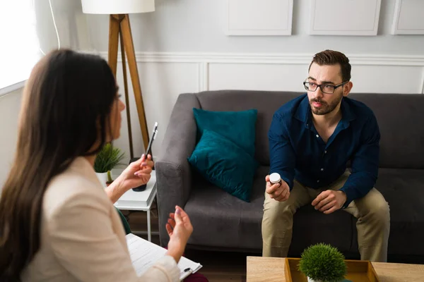 Handsome Man Mental Health Problems Asking Advice While Having Therapy — Stock Fotó