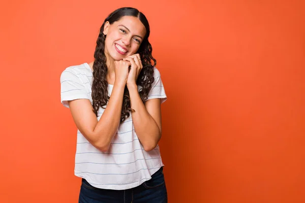 Happy Adorable Woman Falling Love Thankful While Smiling Making Eye — Fotografia de Stock