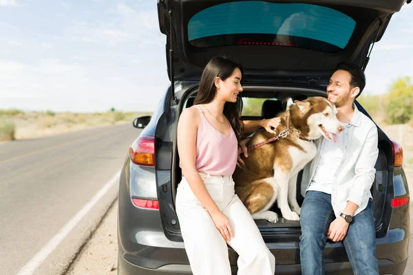 Attractive Hispanic Couple Petting Dog Resting Driving Holiday Vacation — ストック写真