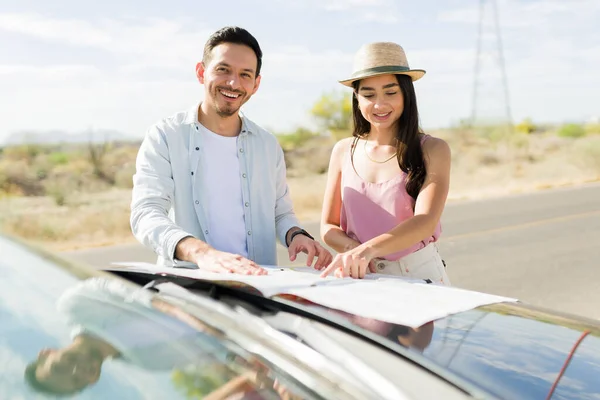 Beautiful Latin Woman Happy Young Man Checking Road Map While — Stock Fotó