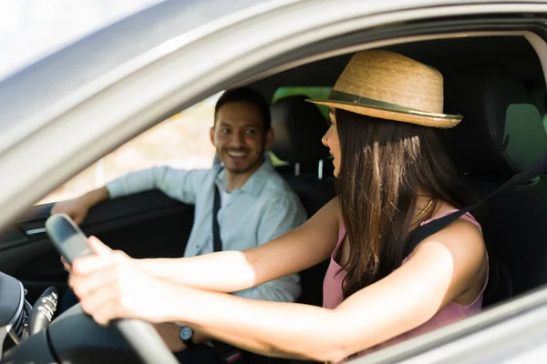 Excited Young Man Woman Laughing While Driving Together Vacation Trip — Stok fotoğraf