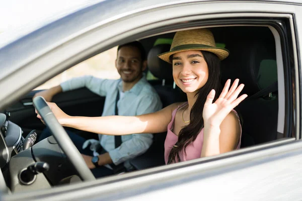 Gorgeous Hispanic Woman Looking Camera Waving Hello While Driving Her — Stock Photo, Image