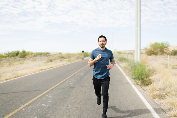 Young Man Exercising Long Run Outdoor Latin Man Running Doing — Zdjęcie stockowe