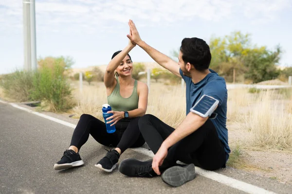 Fitness Young Woman Man Making High Five Feeling Excited While — Photo
