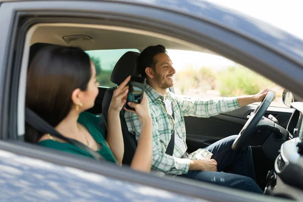 Young Woman Taking Picture His Cheerful Boyfriend While Driving Fun — Fotografia de Stock