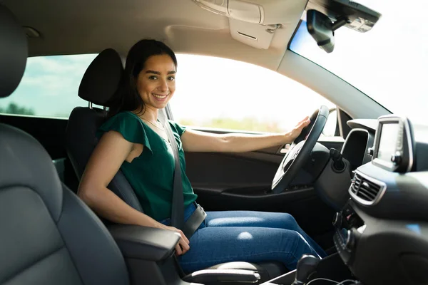 Portrait Beautiful Latin Woman Putting Safety Seat Belt Smiling Wheel — Stockfoto