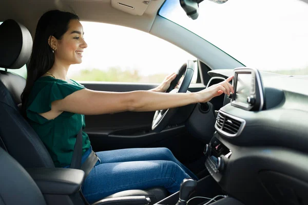 Excited Young Woman Using Gps Her Car Get Directions Listening — Stockfoto