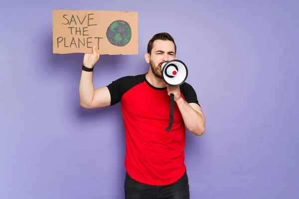 Upset Caucasian Man Feeling Sad Angry Climate Change While Holding — Foto de Stock