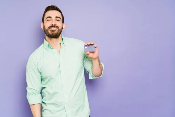 Portrait Excited Man Holding Credit Card Buying New Things Young — Stock Fotó