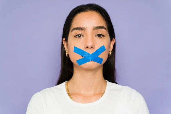 Young Woman Adhesive Tape Her Mouth While Protesting Violence Physical — Fotografia de Stock