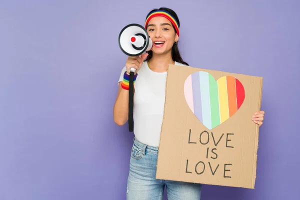 Gorgeous Gay Woman Using Megaphone Lgbt March While Holding Love — Foto de Stock