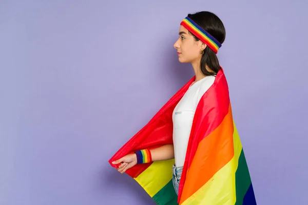 Profile Attractive Gay Woman Wrapped Pride Flag Going Lgbt March — Foto de Stock