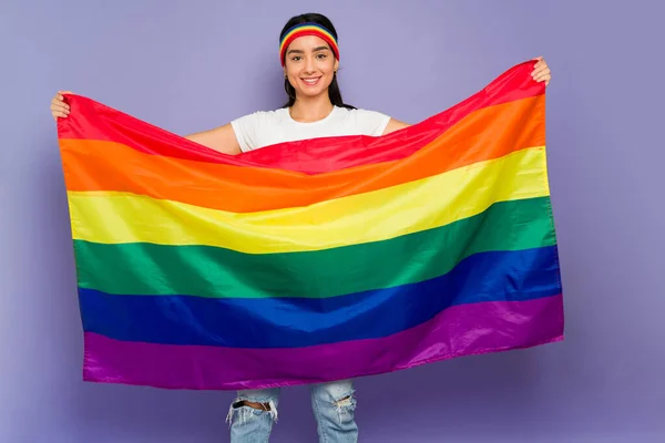 Happy Beautiful Young Woman Participating Pride March Holding Lgbt Gay — Foto de Stock