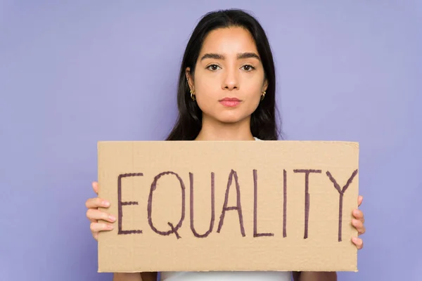 Latin Woman Her 20S Protester Showing Equality Protest Sign Asking — Stock Photo, Image