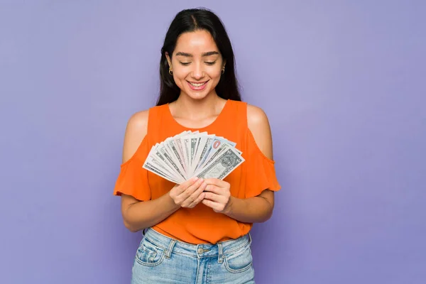 Happy Hispanic Woman Counting Lot Money Ready Spend Excited Woman — Stock Photo, Image