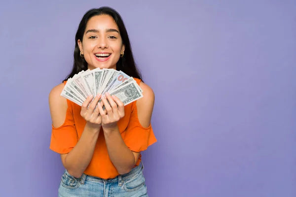 Excited Young Woman Feeling Cheerful Earning Lot Money Rick Woman — Stockfoto