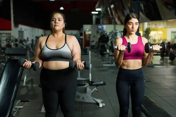 Толстая Латинская Женщина Намерена Похудеть Заниматься Физкультурой Личным Тренером Тренажерном — стоковое фото