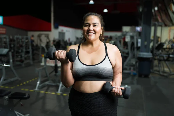 Muscular Strong Young Woman Doing Bicep Curl Dumbbell Weights Her