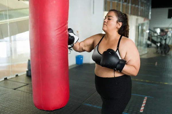 Determined fat woman with obesity using a punching bag during her cardio workout at the gym