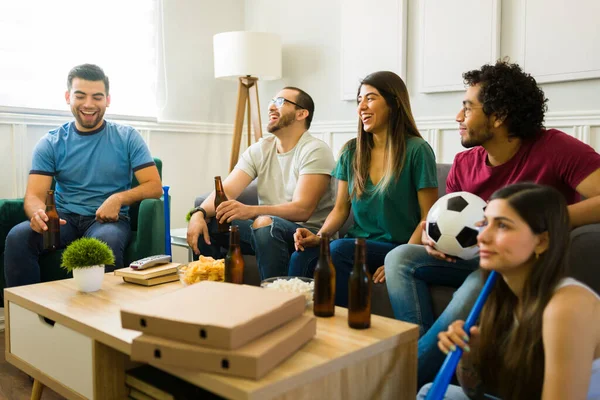 Attractive Happy Friends Hanging Out Laughing While Enjoying Watching Sports — Stock Photo, Image