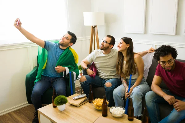 Happy Friends Taking Selfie Smartphone While Watching Sports Team Play — Stock Photo, Image