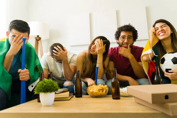 Disappointed Sports Fans Feeling Sad Football Soccer Team Losing Game — Stock Photo, Image