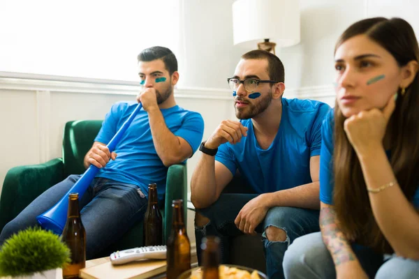 Handsome Young Men Supporting Sports Team Watching Soccer Friends — Stock Photo, Image