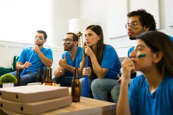 Attractive Group Friends Supporting National Team Watching Soccer Game Looking — Stock Photo, Image