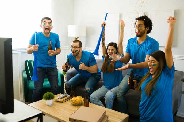 Cheerful Group Friends Screaming Celebrating Because Football Team Win Championship — Stock Photo, Image