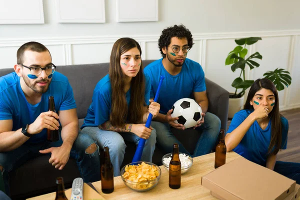 Anxious Sports Fans Friends Look Tense While Watching Soccer Championship — Stock Photo, Image
