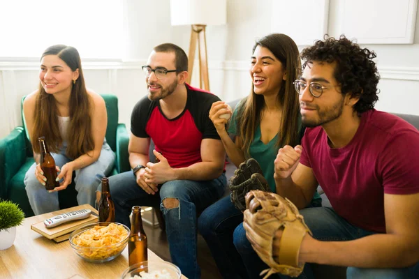 Attractive Young Friends Smiling Laughing While Watching Baseball Game — Stock Photo, Image