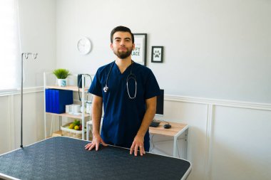Profesyonel Latin erkek veteriner muayene odasında hayvan kliniğinde bir köpek hastasını bekliyor.