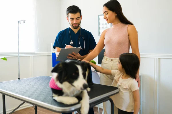 Çekici Bir Veteriner Köpeğinin Yanındaki Köpeğe Tıbbi Reçete Yazarken Gülümsüyor — Stok fotoğraf