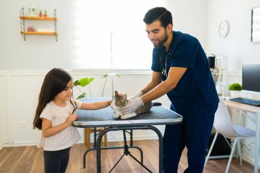 Sevimli küçük kız, güzel kedisini hayvan hastanesindeki veterinere getiriyor. Kız yeni bir kedi evlat ediniyor. 