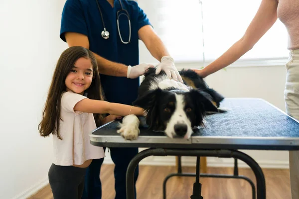 Veteriner Doktorundayken Üzgün Bir Çoban Köpeğini Okşayan Sevimli Küçük Kız — Stok fotoğraf
