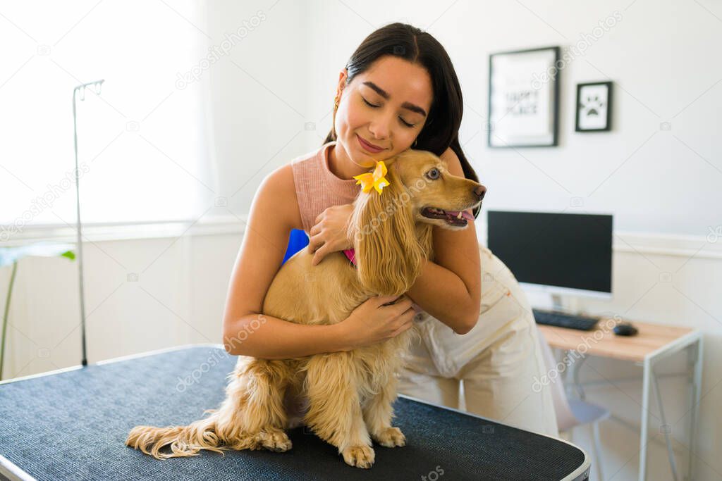 Loving beautiful woman hugging her cocker spaniel dog and feeling happy for its recovery at the veterinary clinic