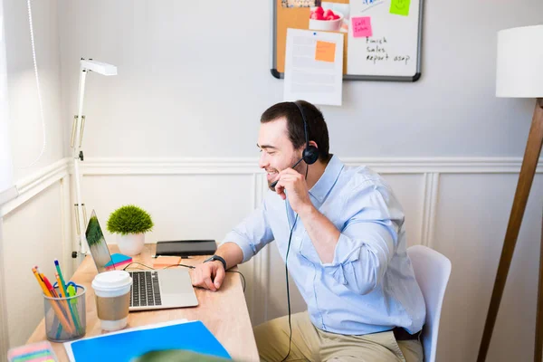 Cheerful Young Man Wearing Headset Smiling While Talking Client Working — Stock Photo, Image
