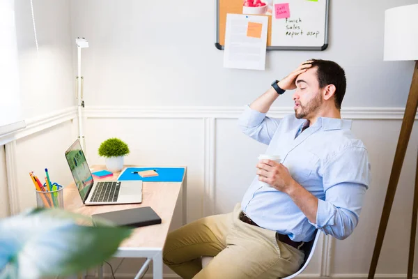 Exhausted Professional Man Lot Work Feeling Tired Stressed While Doing — Stockfoto