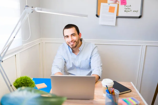 Cheerful Caucasian Man Looking Happy While Doing Professional Work Home — Stock Photo, Image