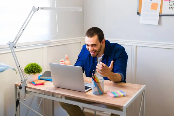 Cheerful Man Receiving Good News Celebrating While Looking His Laptop — Stock Photo, Image