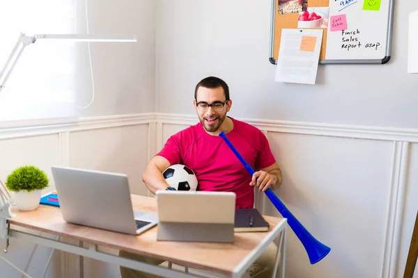 Sports Fan Smiling While Watching Soccer World Cup Qatar While — Stock Photo, Image