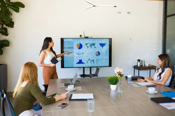 Hispanic Female Boss Giving Work Presentation All Women Work Team — Stockfoto